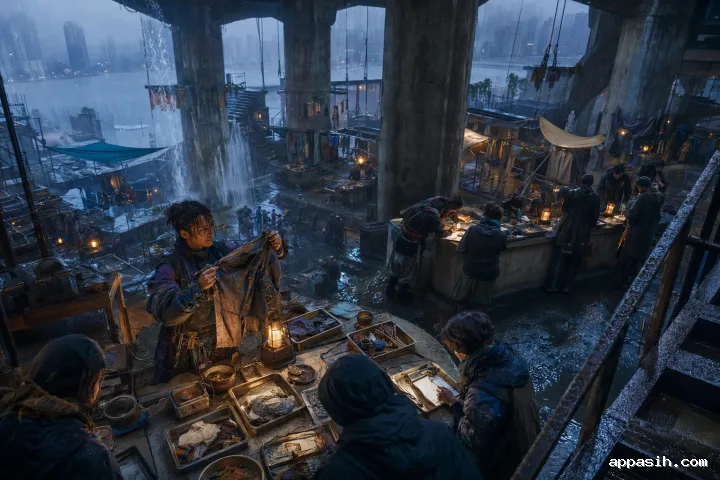 High-angle cinematic view of an anonymous Human Trace Conservator inspecting a visibly repaired garment beneath a stormy civic viaduct while citizens present handmade keepsakes for tactile examination.