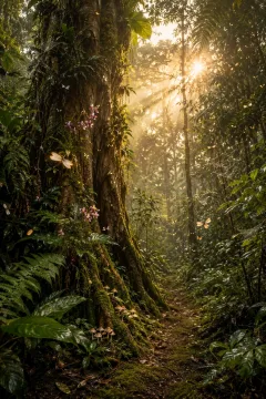 Portrait view of an ancient tropical cloud-forest tree surrounded by ferns and orchids as winged seeds drift through golden sunrise mist.