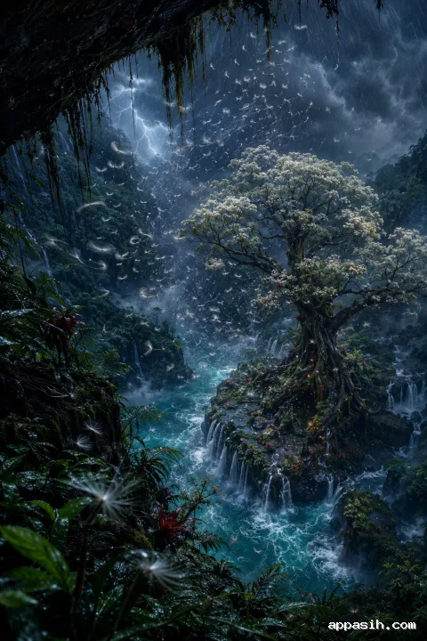 High-angle portrait scene of a flowering cloud-forest tree releasing spiraling seeds above a flooded volcanic ravine during a dramatic blue-hour monsoon.