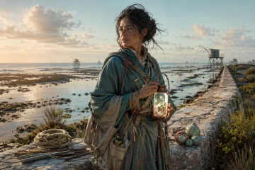 An original tidal cartographer stands on a pale seawall at low tide holding a softly glowing mineral lantern above reflective coastal pools.