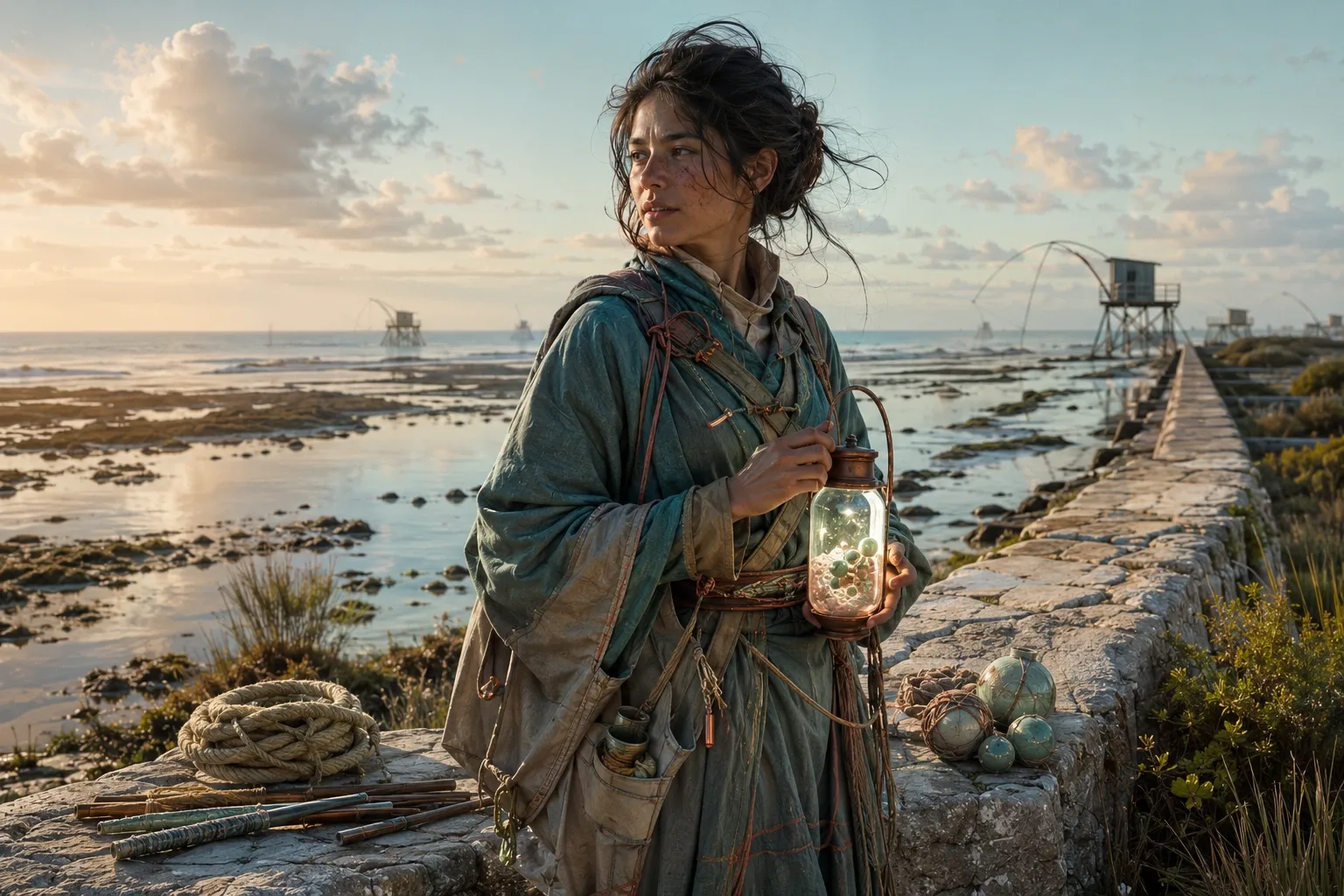 An original tidal cartographer stands on a pale seawall at low tide holding a softly glowing mineral lantern above reflective coastal pools.