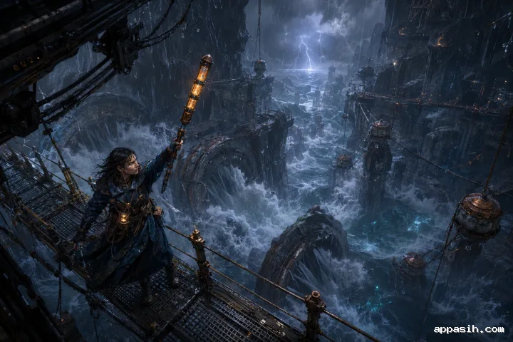 A rain-soaked tidal cartographer raises a glowing mineral staff while crossing a suspended bridge above violent waves inside a vast storm-dark energy cavern.