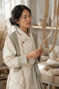 Portrait of an anonymous material specialist holding humidity-responsive woven strips inside a bright sustainable textile studio.