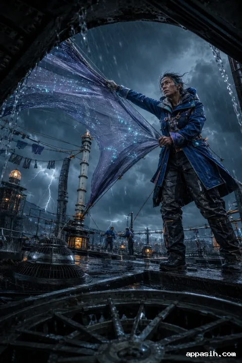 Cinematic portrait of an anonymous material specialist securing a responsive textile membrane on a storm-battered rooftop observatory at blue hour.
