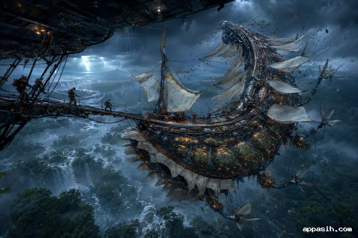 A crescent-shaped airborne seed vault struggles through a blue-hour cyclone above a flooded rainforest while engineers secure glowing botanical chambers and wind-torn sails.