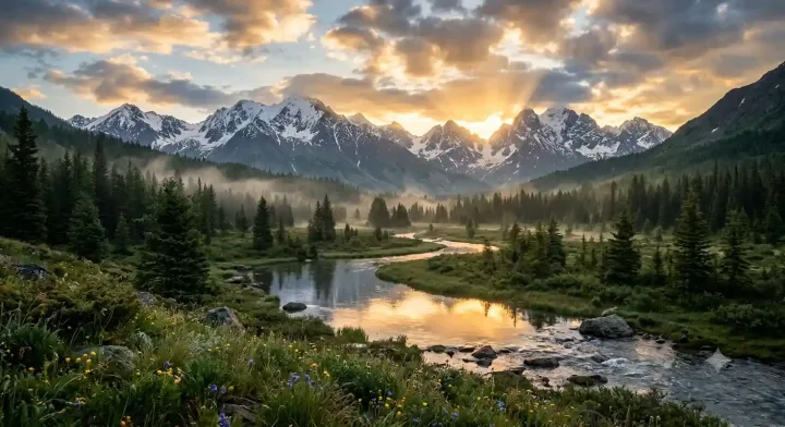 Premium cinematic landscape of a majestic mountain valley at sunrise with mist, pine forests, and golden light