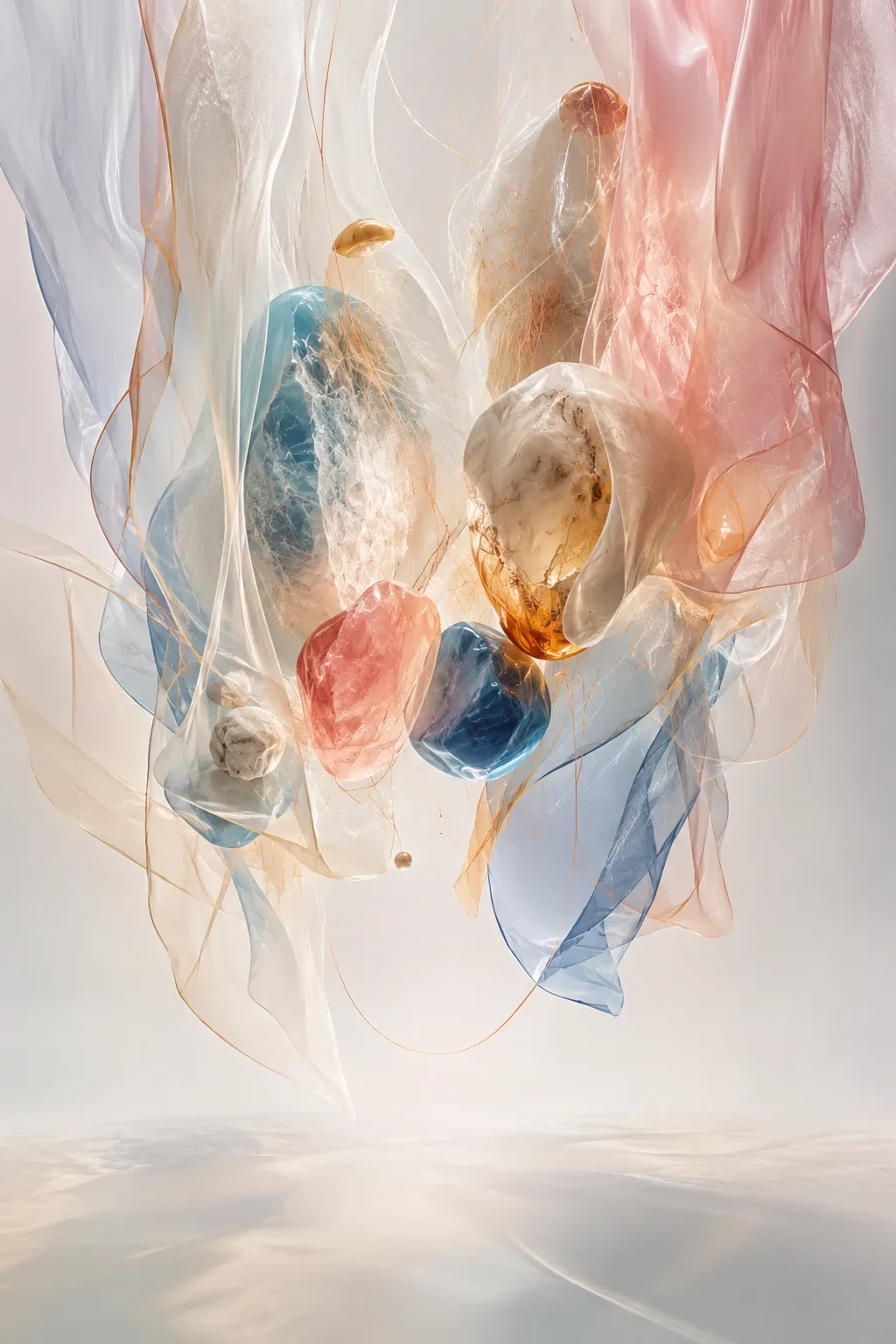 Portrait abstract artwork with translucent coral and cyan membranes surrounding floating mineral forms and luminous threads.