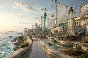 Cinematic coastal signal station with transparent glass resonators, pale stone terraces, technicians, ocean mist, and warm late-afternoon light.