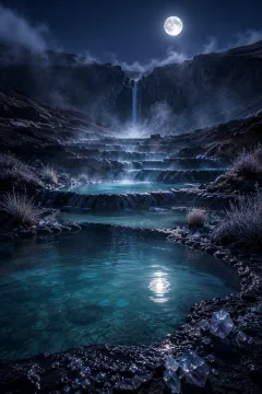 Moonlit black-basalt terraces filled with turquoise mineral pools beneath misty volcanic cliffs in a vertical landscape.