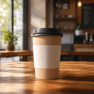 Premium takeaway coffee cup product mockup on a wooden table with soft morning cafe lighting