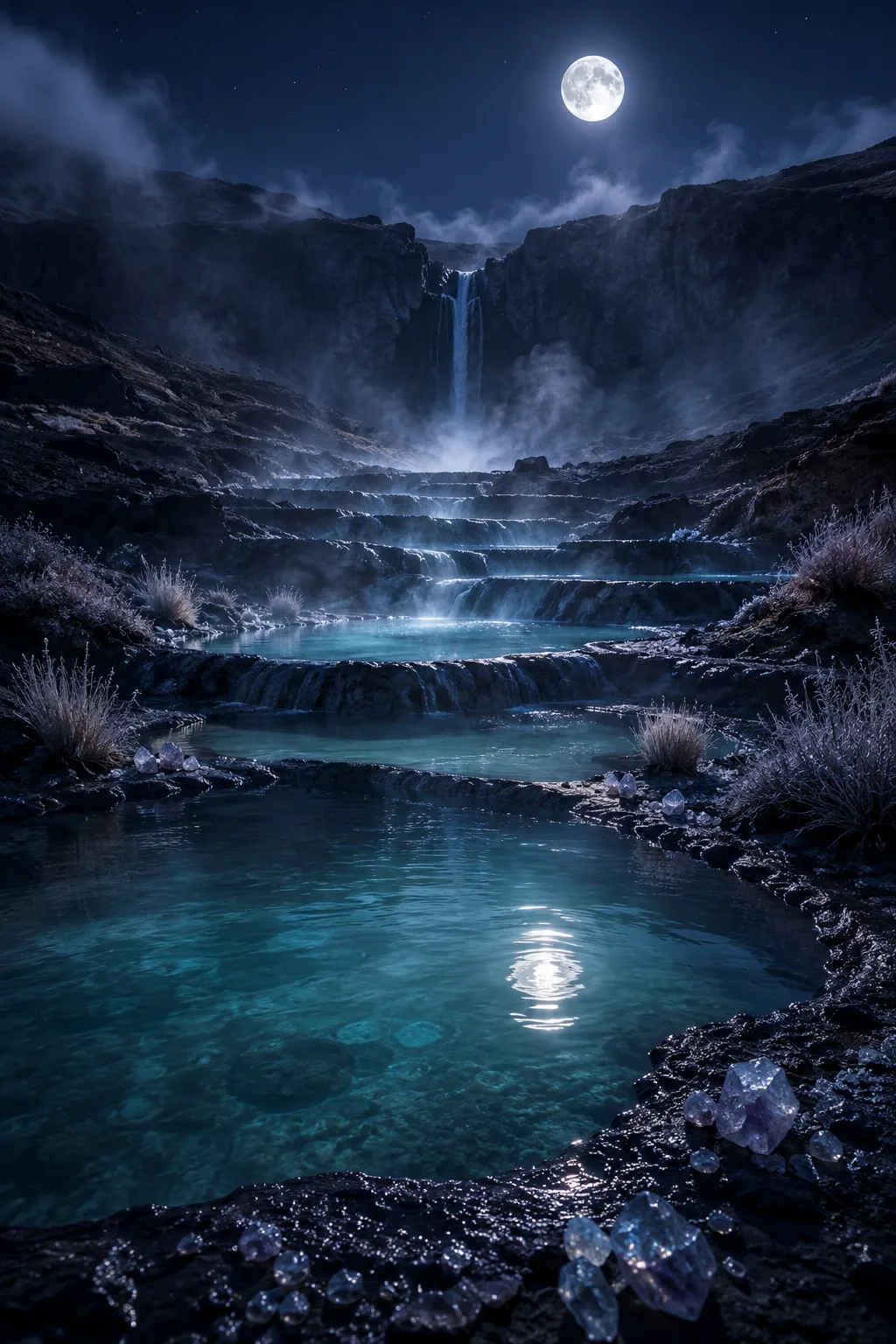 Moonlit black-basalt terraces filled with turquoise mineral pools beneath misty volcanic cliffs in a vertical landscape.
