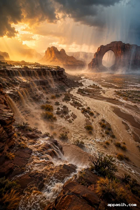 Golden dawn illuminates temporary rivers and a monumental sandstone arch inside a vast storm-filled desert basin.