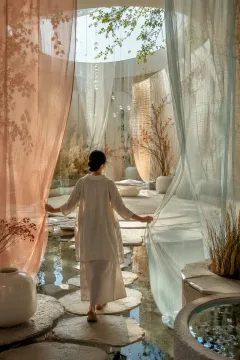 Anonymous adult walking through a luminous indoor garden of translucent barriers, stone thresholds, reflecting pools, and pale grasses symbolizing healthy digital friction.