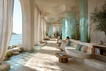 Bright coastal reading conservatory with curved limestone seating, translucent glass partitions, indoor grasses, and shallow seawater channels.