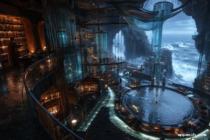 Cinematic cliffside reading conservatory during a blue-hour storm with basalt terraces, turquoise glass study chambers, copper shelving ribs, seawater channels, and amber-lit alcoves.