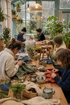 Portrait lifestyle scene of adults repairing clothing and household objects together inside a plant-filled community conservatory on a rainy afternoon.