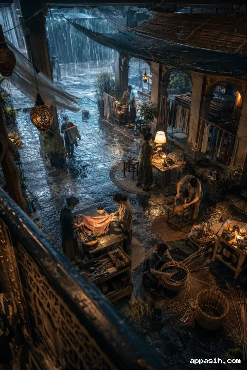 High-angle portrait scene of a community repairing clothes, baskets, lamps, and furniture beneath a covered courtyard arcade during a monsoon evening.