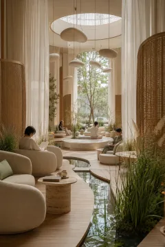 Portrait view of a bright biophilic listening lounge surrounding a skylit indoor courtyard with pale timber seating, woven acoustic partitions, reflecting water channels, and quiet anonymous visitors.