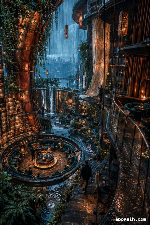 Dramatic high-angle portrait view of a multilevel listening sanctuary during a blue-hour rainstorm, featuring basalt terraces, copper structures, teal seating, suspended lanterns, water channels, mist, and anonymous visitors.