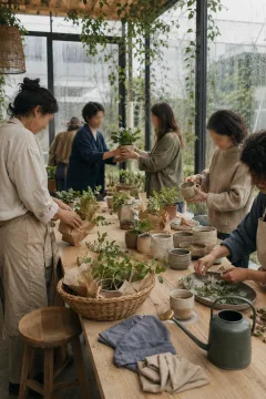 Neighbors exchange houseplants and handmade ceramic pots around a wooden table in a bright rain-washed communal courtyard.