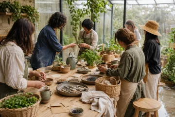 Neighbors exchange seeds and prepare small planting pots around a wooden table in a bright covered courtyard during a gentle rainy morning.