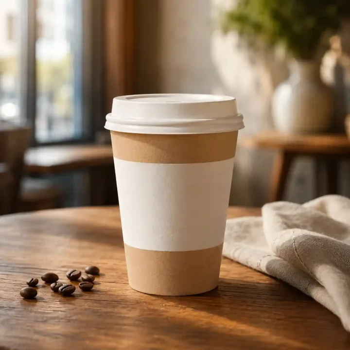 Premium coffee cup product mockup with blank branding space on a wooden cafe table