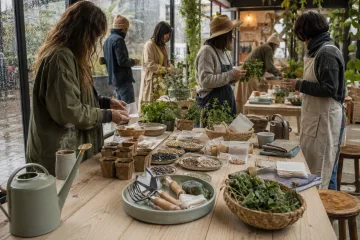 Anonymous adults exchange seeds and herb cuttings around a pale wooden table in a rain-lit covered courtyard filled with plants and gardening supplies.