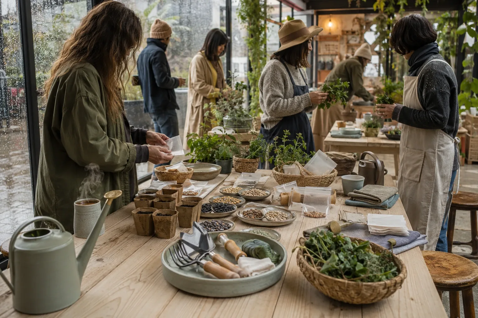 Anonymous adults exchange seeds and herb cuttings around a pale wooden table in a rain-lit covered courtyard filled with plants and gardening supplies.