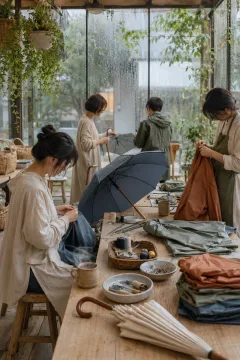 Neighbors repairing umbrellas together around a wooden table in a bright rain-covered courtyard.