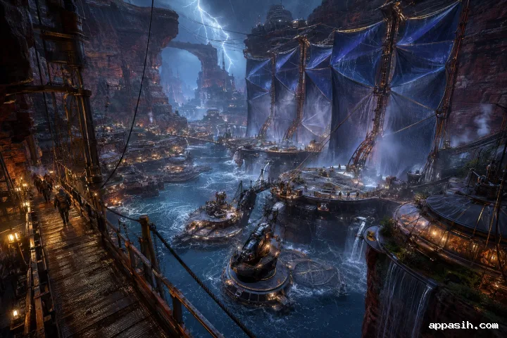 A high-angle view of giant storm-powered water-harvesting settlements unfolding dark membranes inside a flooded crimson canyon during a blue-hour thunderstorm.