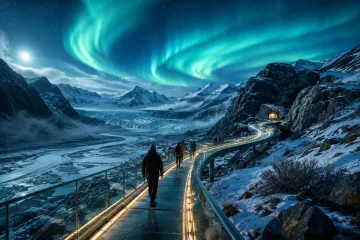 Anonymous winter travelers crossing a transparent elevated walkway above a remote glacial valley beneath turquoise northern lights.