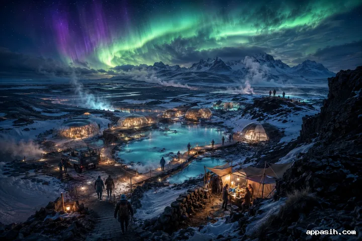 A high-angle view of anonymous travelers exploring a geothermal expedition camp among snowy volcanic terraces beneath emerald and violet aurora light.