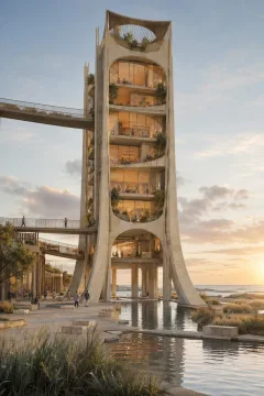 Portrait architectural visualization of a slender coastal archive tower with limestone fins, amber glass, planted terraces, tidal water channels, and visitors at sunrise.