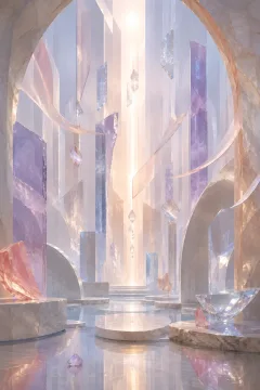 Portrait abstract atrium with translucent crystal slabs, floating ribbons, reflective fragments, and a soft central column of light.