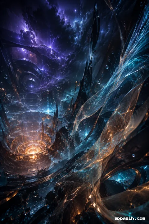 Dramatic portrait abstract canyon of dark translucent membranes, metallic arcs, swirling vapor, and a radiant cyan-amber basin beneath a violet midnight chamber.