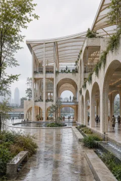 Portrait architectural visualization of a pale-stone civic exchange surrounding a circular rainwater court with terraces, gardens, bridges, and anonymous visitors on a misty morning.