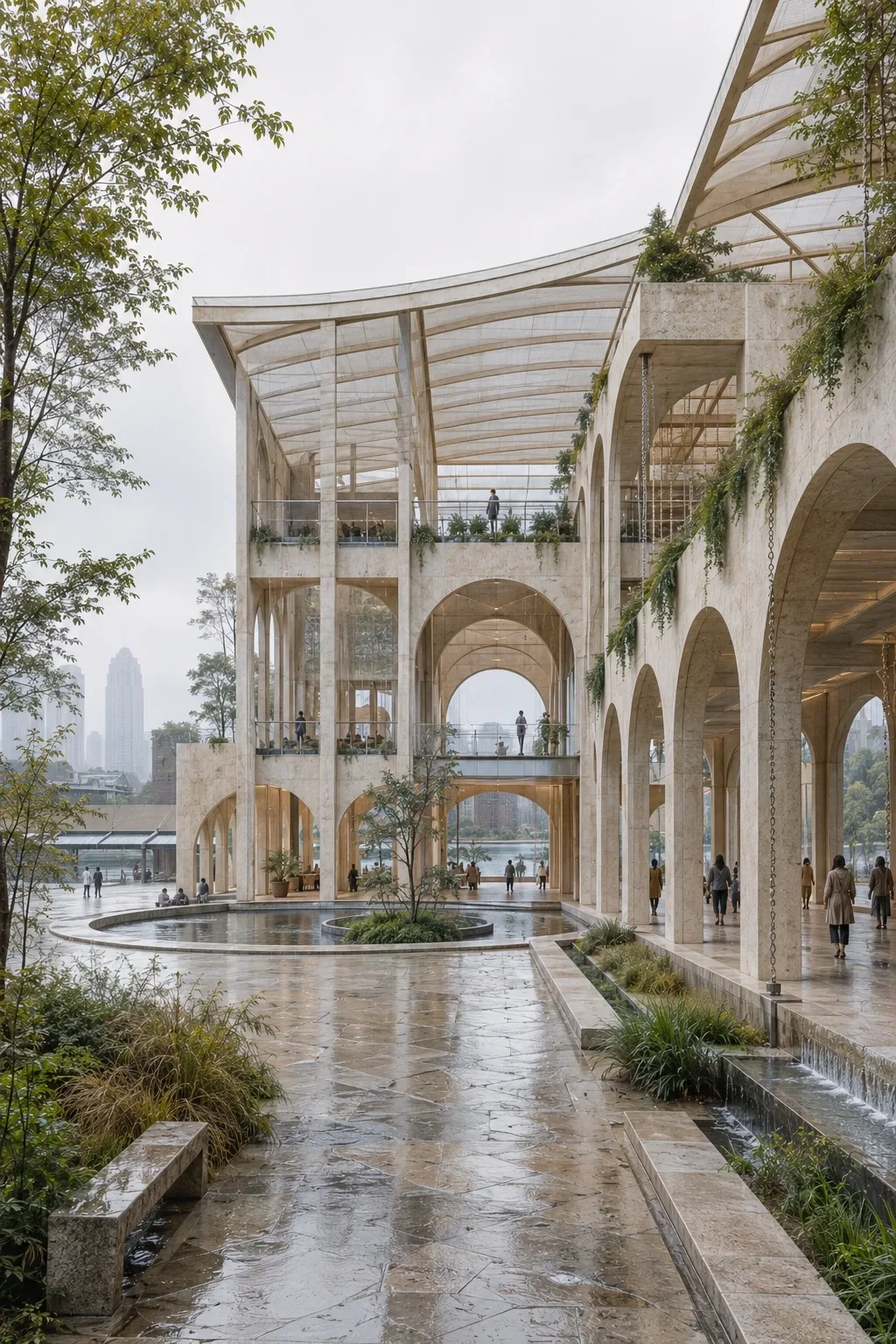 Portrait architectural visualization of a pale-stone civic exchange surrounding a circular rainwater court with terraces, gardens, bridges, and anonymous visitors on a misty morning.