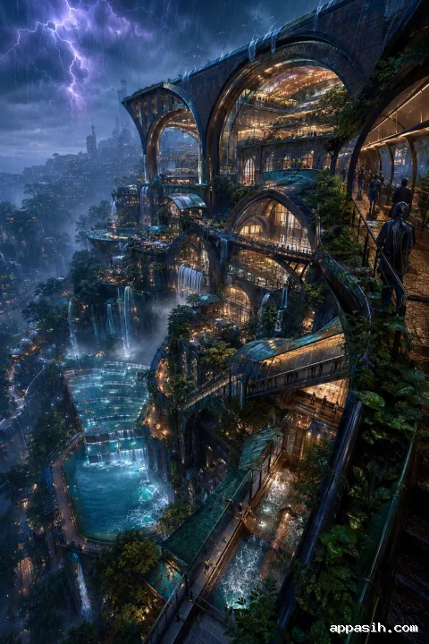 Cinematic portrait view of a monumental rain-harvesting civic exchange during a blue-hour monsoon, with dark vaults, copper roofs, cascading reservoirs, skybridges, wetlands, lightning, and glowing public interiors.