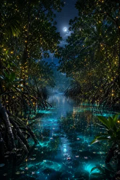 Moonlit tropical mangrove lagoon filled with golden fireflies and turquoise bioluminescent water beneath a misty forest canopy.