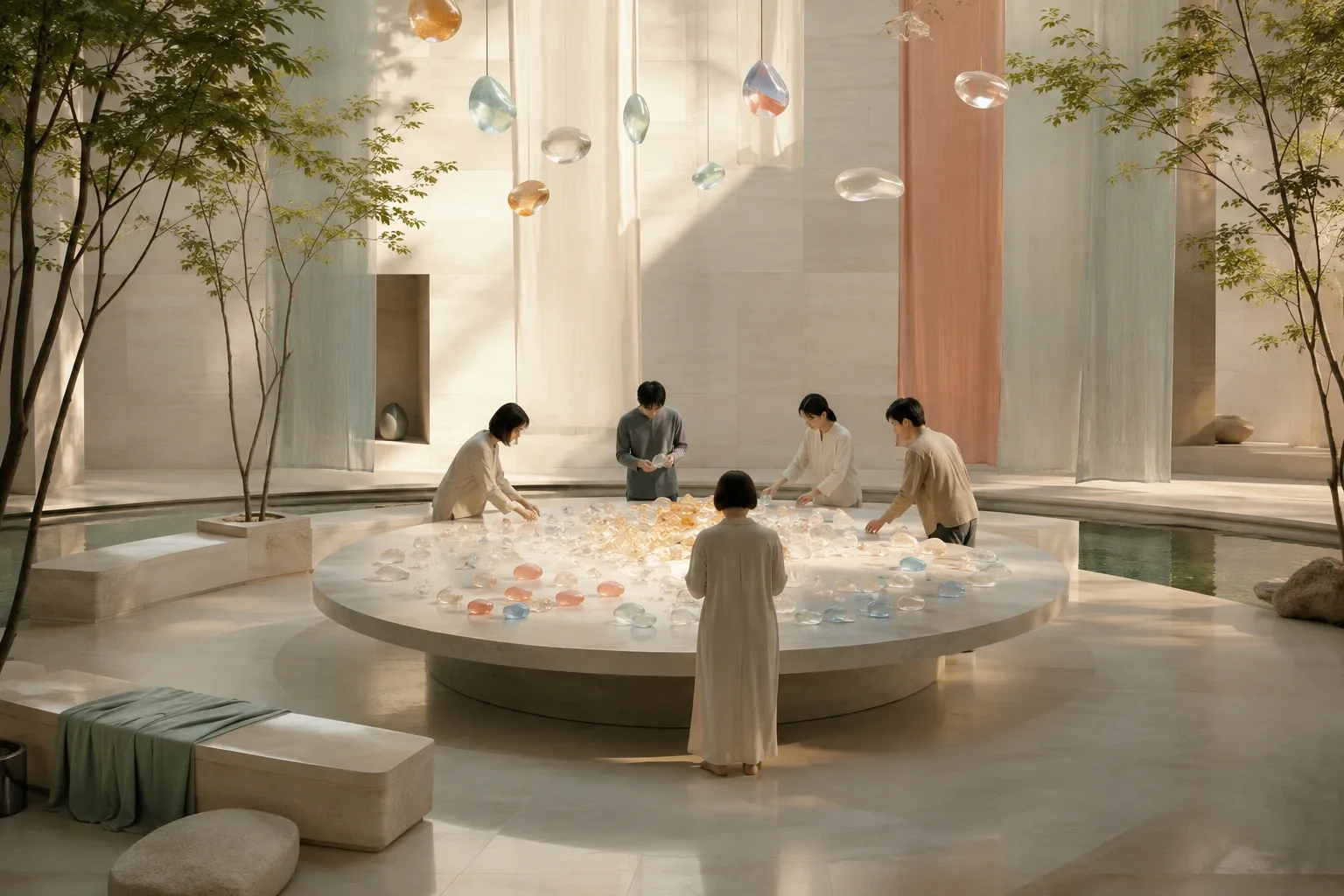 Anonymous people arrange softly glowing stones on a circular table inside a calm contemporary civic hall, representing collective judgment and meaningful attention.
