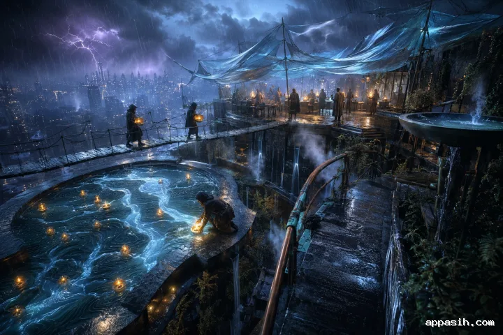 Anonymous participants carry amber light vessels across a stormy rooftop forum toward a glowing water map, symbolizing trustworthy signals and collective responsibility.