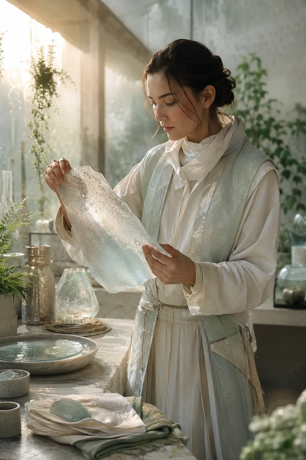 Portrait of a future artisan examining a condensation-covered translucent mineral sheet inside a softly lit botanical studio.