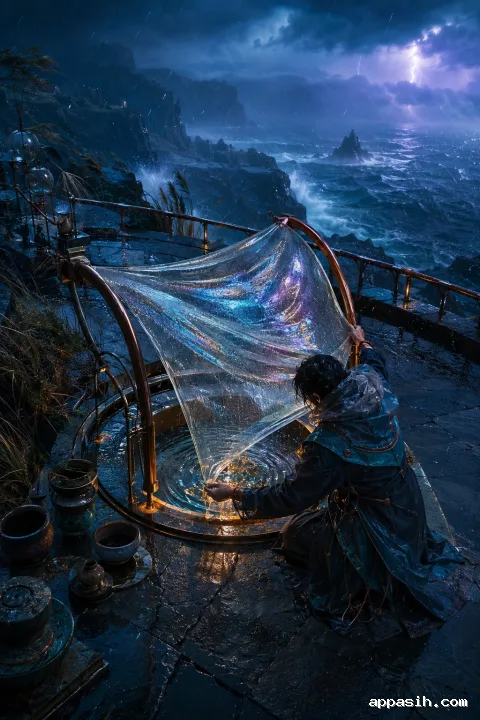 Cinematic portrait of a future artisan testing a translucent moisture-reactive membrane on a storm-lashed coastal terrace at blue hour.
