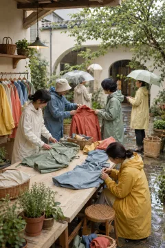 Neighbors repairing and exchanging colorful unbranded raincoats around a wooden table in a bright covered courtyard during light rain.