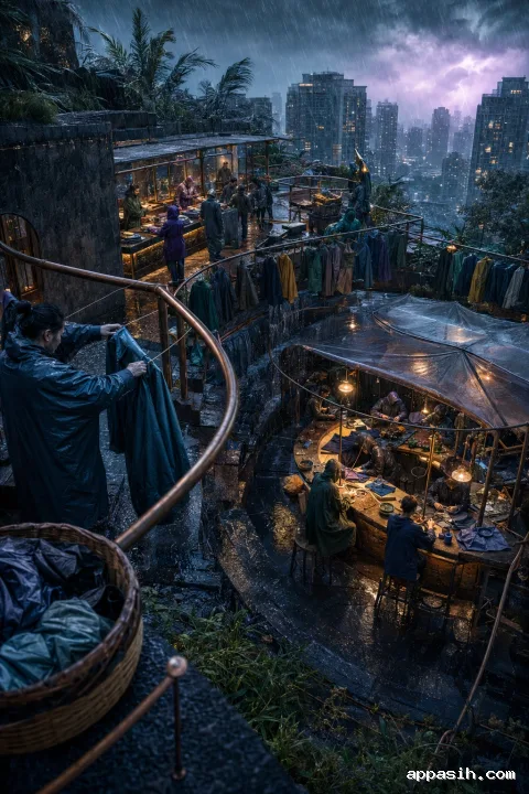 A cinematic high-angle view of neighbors repairing and exchanging unbranded rainwear across a stormy multilevel rooftop arcade at blue hour.