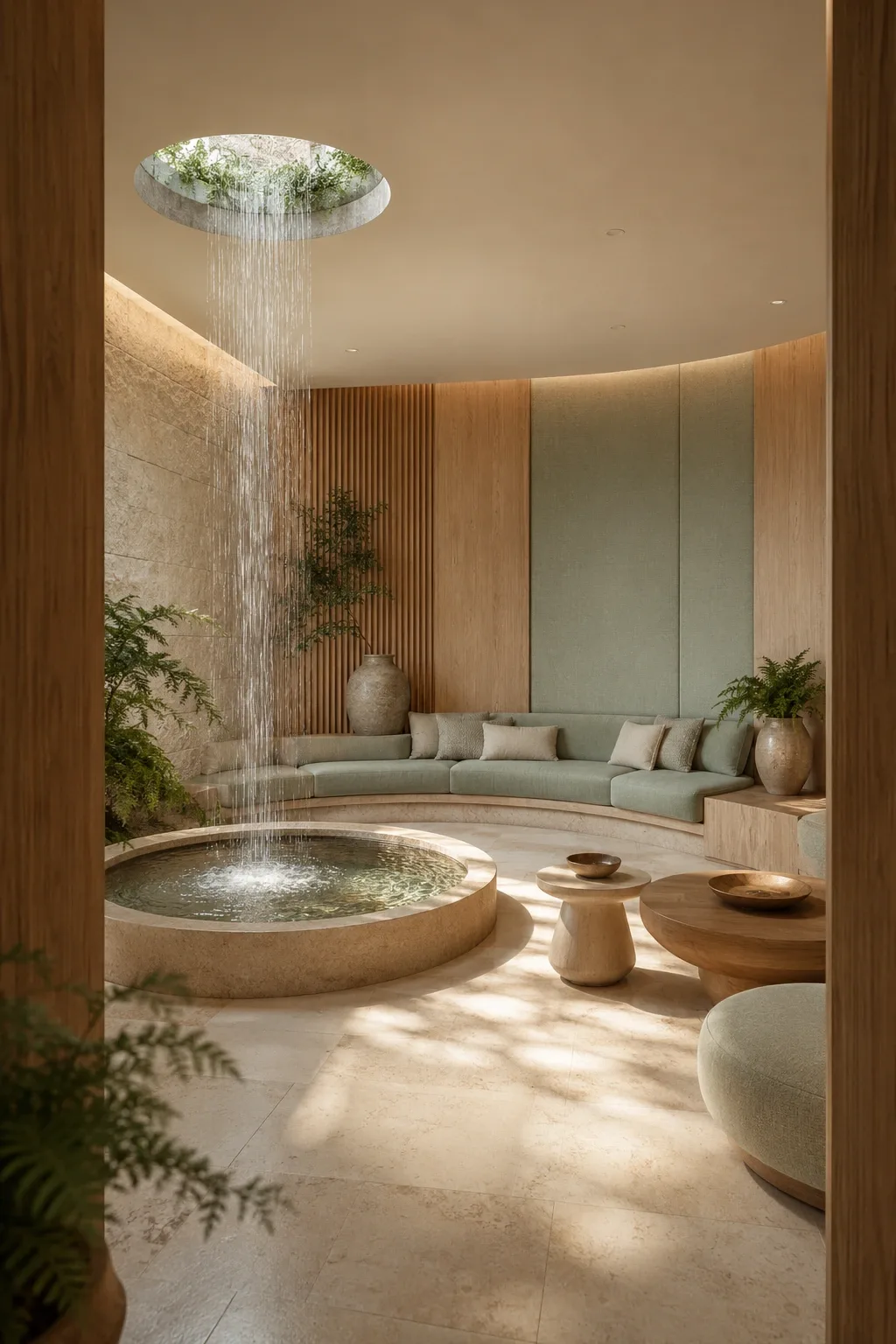 Portrait view of a serene biophilic listening room with a slender indoor rainwell, curved seating, pale stone flooring, warm timber walls, and soft morning light.