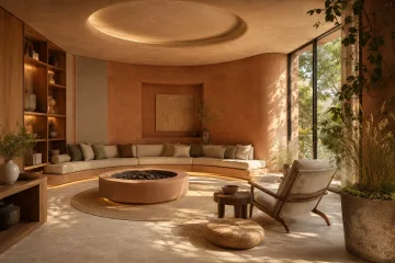 Serene landscape listening lounge with a circular clay hearth, curved seating, warm wood, limestone flooring, and soft garden light.