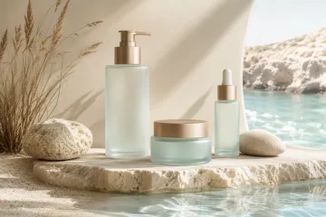 Unbranded translucent skincare bottles and jar displayed on pale limestone with sea-glass colors and soft coastal studio lighting.