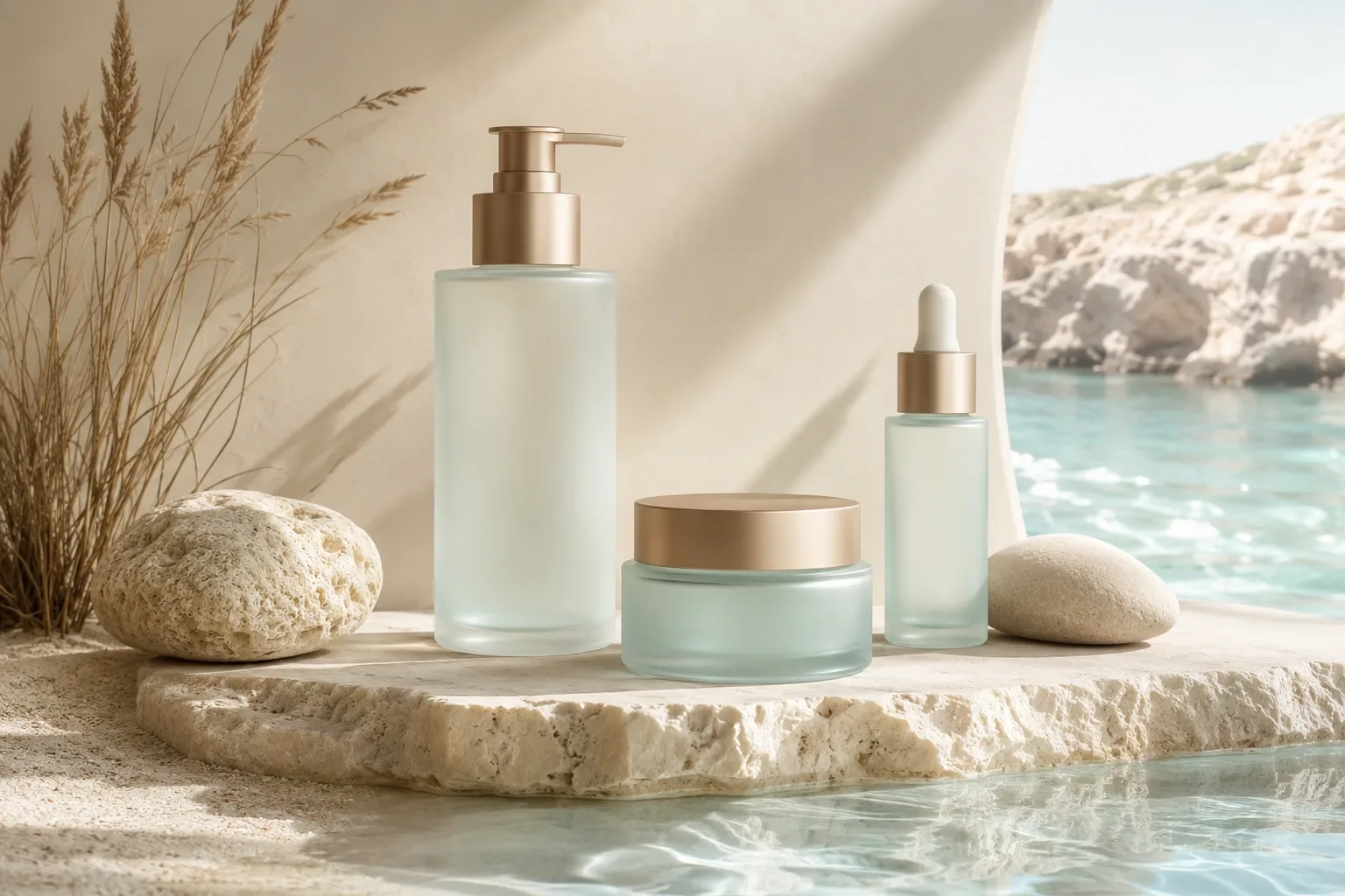 Unbranded translucent skincare bottles and jar displayed on pale limestone with sea-glass colors and soft coastal studio lighting.