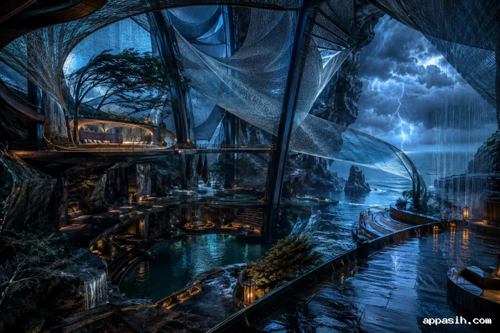 Monumental coastal cliff atrium during a blue-hour storm with suspended woven membranes, basalt terraces, flooded reflective floors, amber lighting, and electric cyan rain.